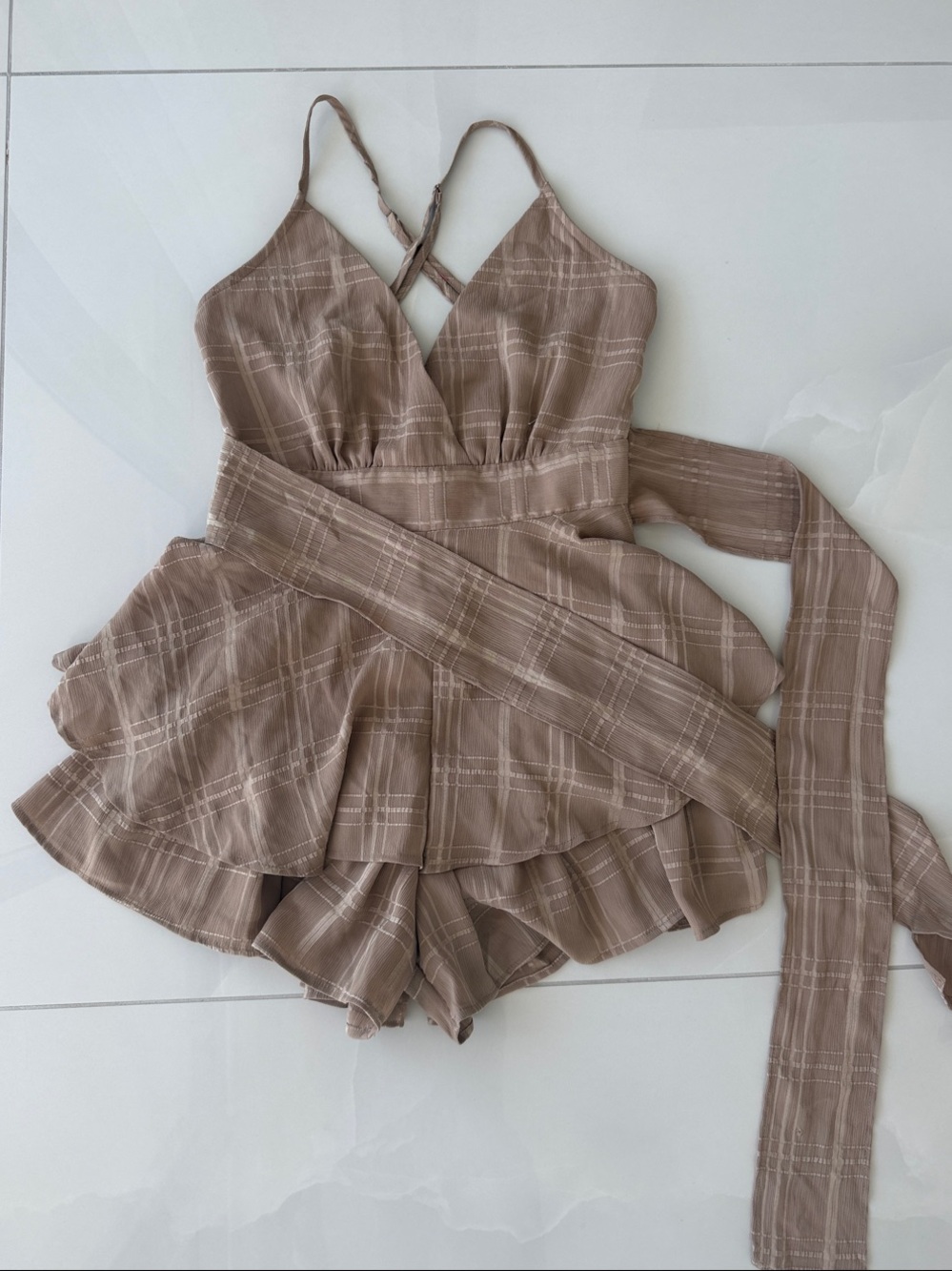 TEEN GIRL - STRAP LIGHT BROWN CHECKERED TIE-UP RUFFLE ROMPER